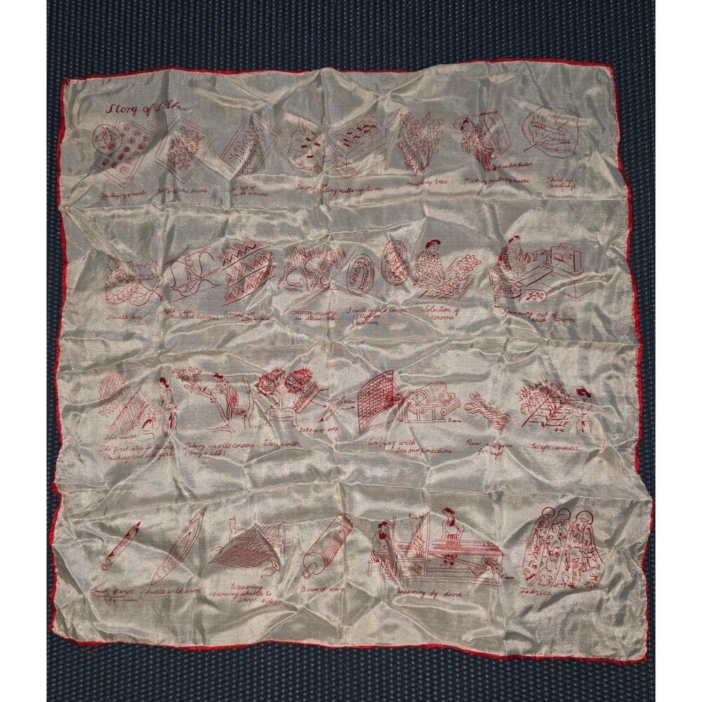 Vintage Novelty Handkerchief "Story of Silk" White Red Print Trim